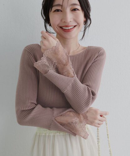 蕾丝开叉袖口两穿领v领针织衫