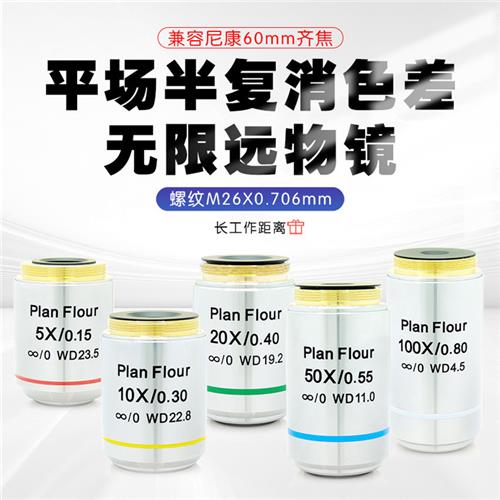 金相平场半复消色差无限远长工作距离物镜60mm齐焦可替代尼康物镜