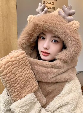 小鹿帽子秋冬季女围巾手套一体连帽围脖可爱保暖护耳毛绒绒三件套