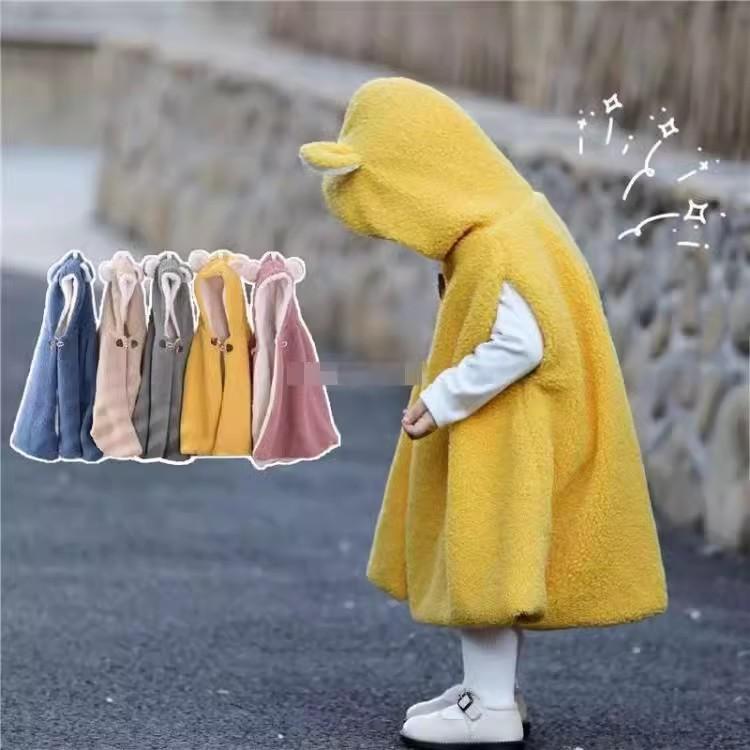 儿童小熊造型加绒保暖披肩男女童外出防风无袖上衣小宝宝纯色斗篷