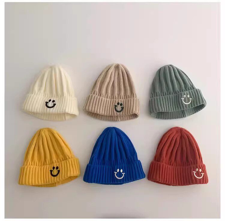 ins韩国笑脸儿童毛线帽秋冬季韩版简约男童女童宝宝冬天针织帽子