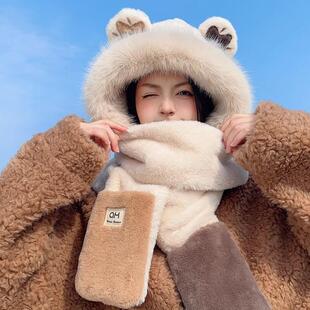 帽子围巾一体秋冬季女连手套男生可爱毛绒茸保暖三件套合一围脖