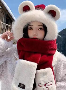毛绒加厚保暖蝴蝶结冬季围巾手套