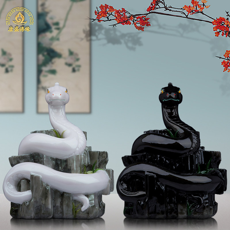 白蛇王黑蟒蛇汉白玉生肖蛇财像体真身莽仙灵蛇像招财供奉家居摆件