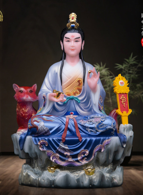 坐山男狐神像汉白玉彩绘中式摆件