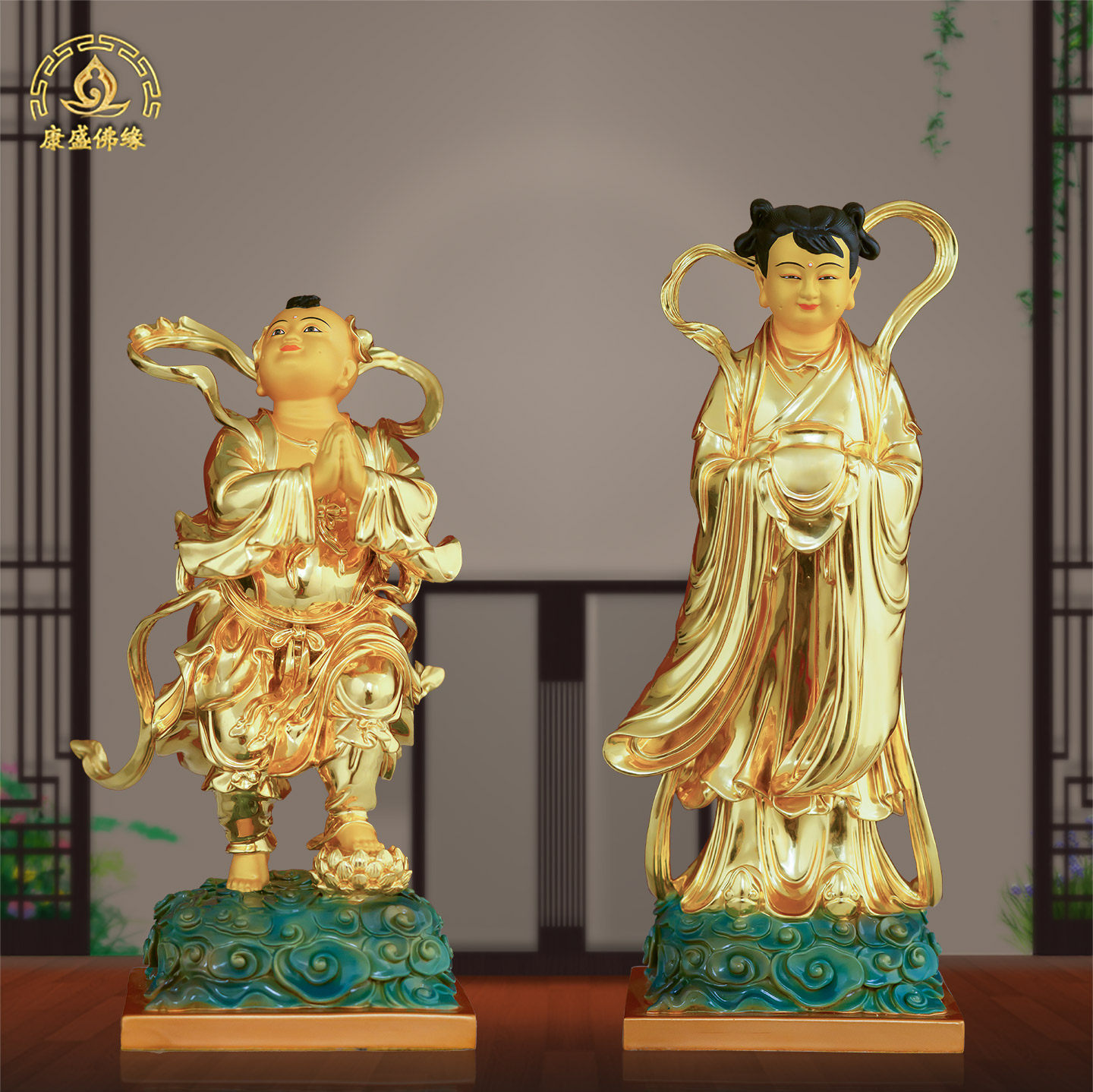黄铜善财童子龙女摆件家用观音菩萨对童佛前侍奉金童玉女佛像供奉