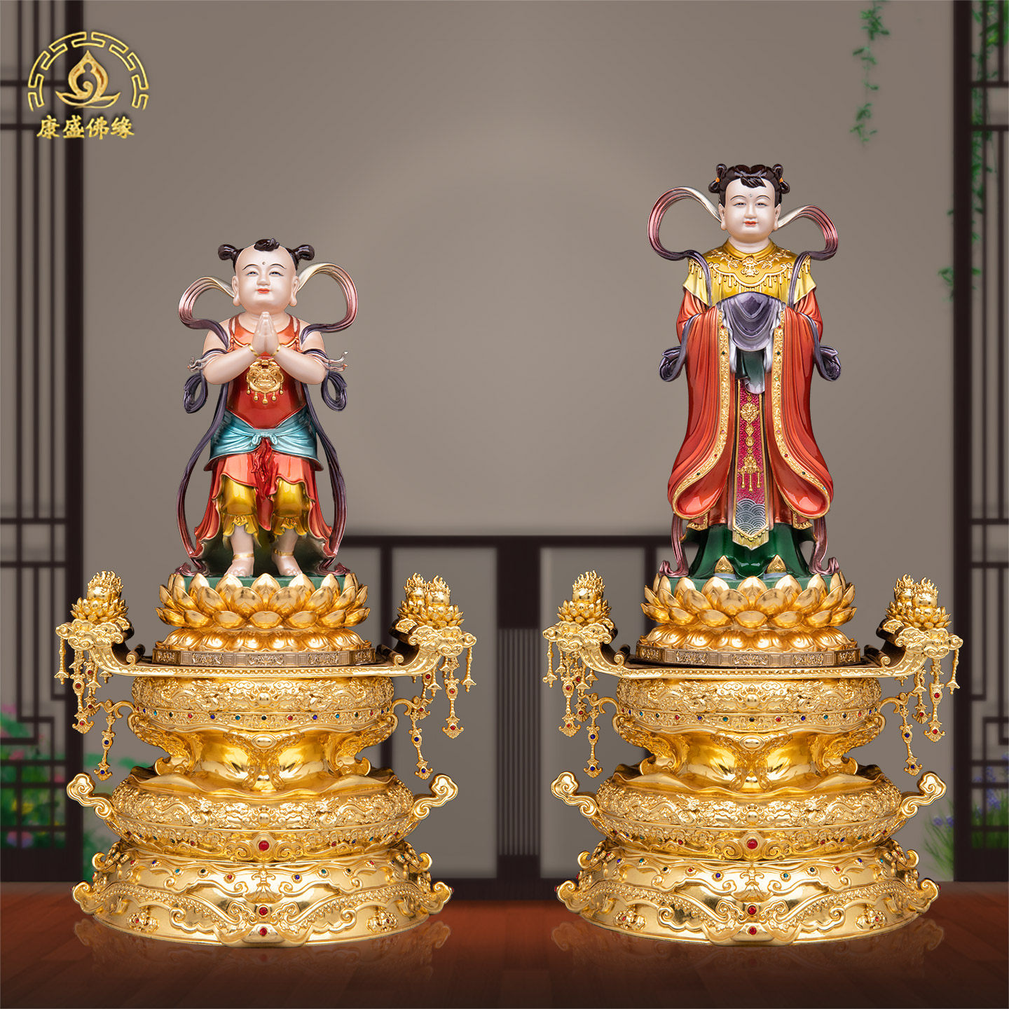 黄铜珐琅彩金童玉女摆件12寸童男童女一对善财童子龙女佛像装饰品