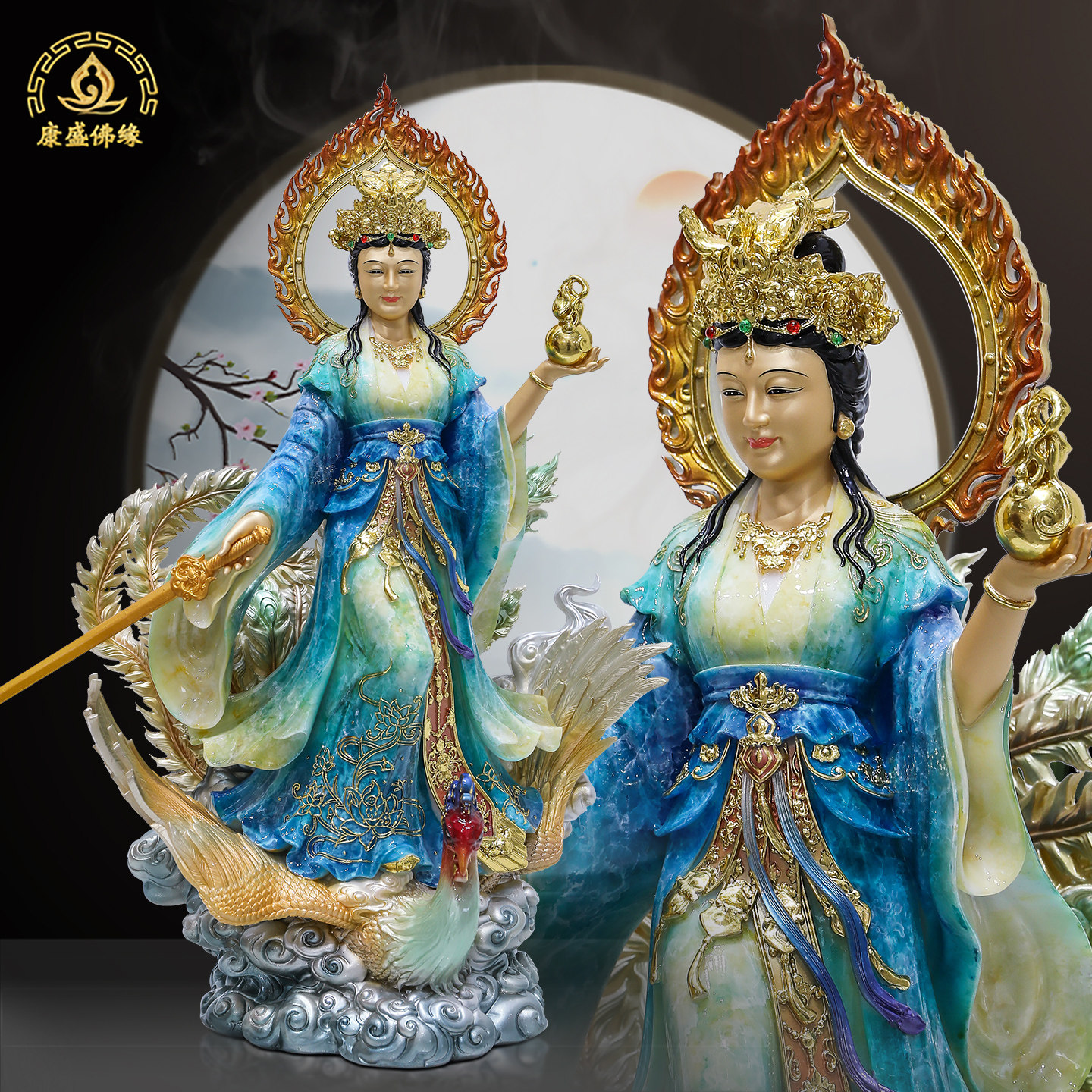 汉白玉叠染踏玄凤九天玄女神像家用圣母娘娘兵法宝剑葫芦供奉摆件