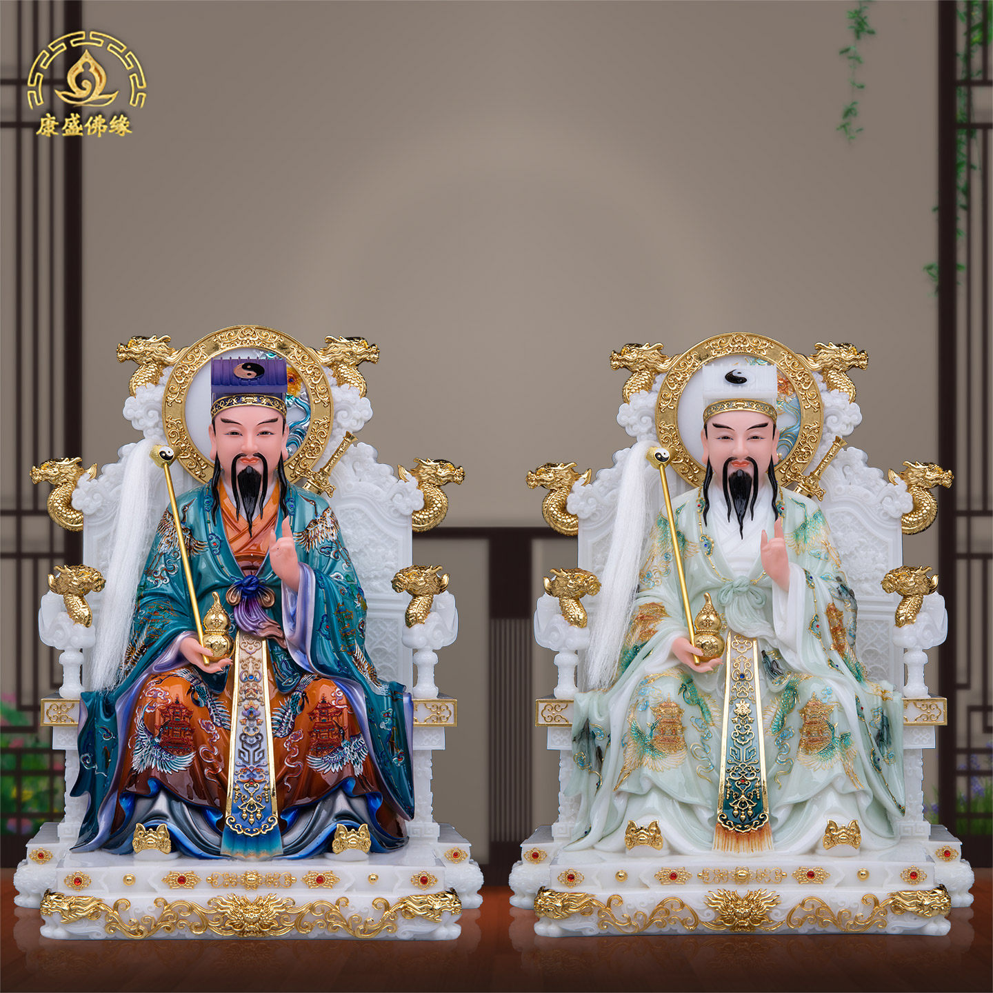 汉白玉彩绘吕祖神像中式桌面摆件