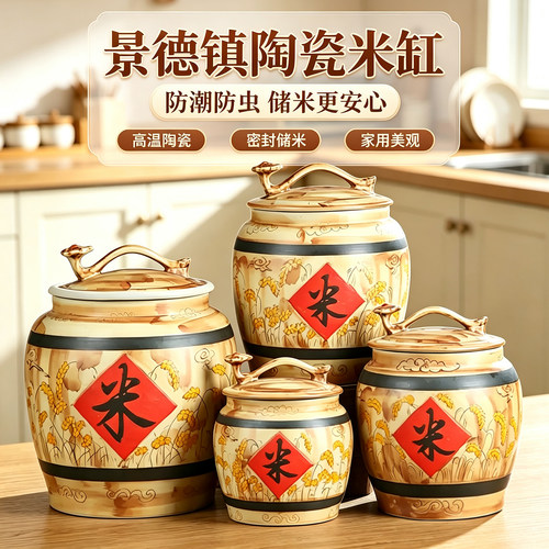 景德镇陶瓷米缸仿古10/20/30/50斤带盖家用面粉桶密封米桶储罐子