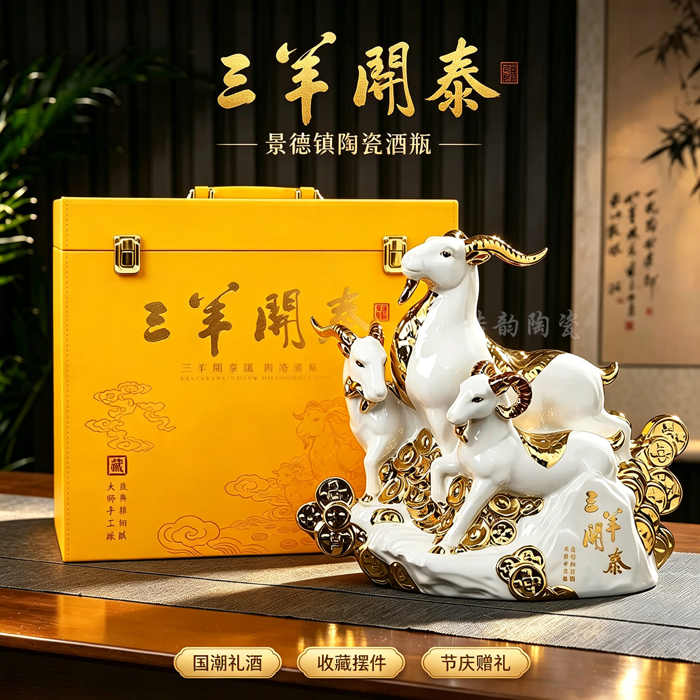 景德镇陶瓷羊年生肖酒瓶五斤三羊开泰存储密封送礼收藏摆件酒坛子