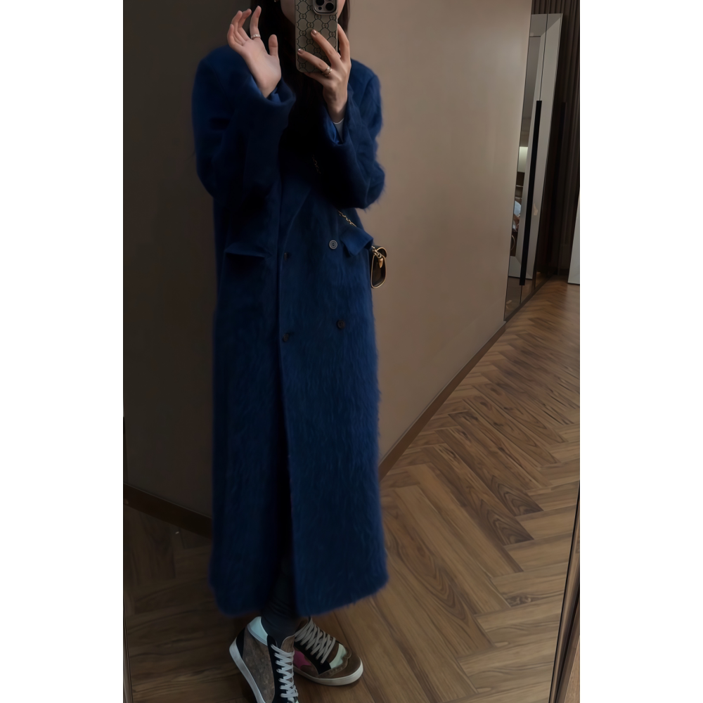 深蓝色直筒翻领毛呢外套女