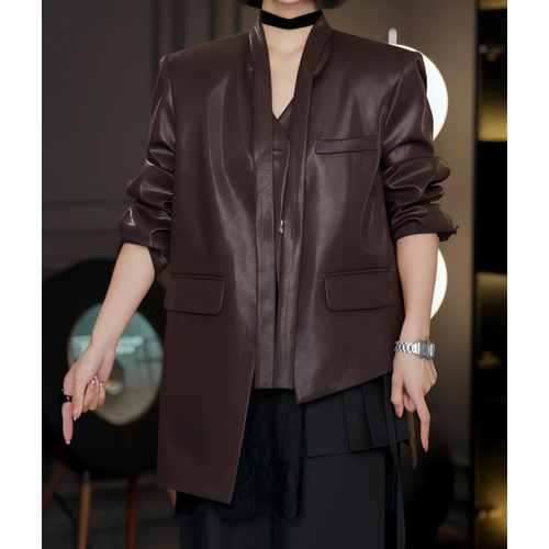 不规则中长纯色领结哑光西装外套