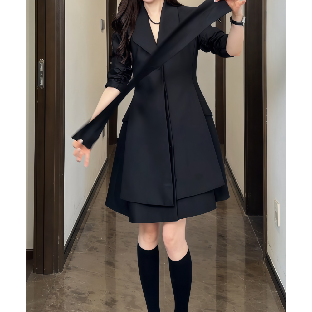 汉服装显瘦中长款黑色风衣外套