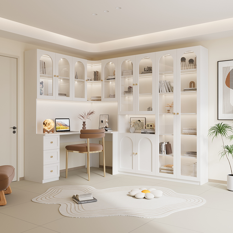 实木转角书桌书架组合一体台式桌