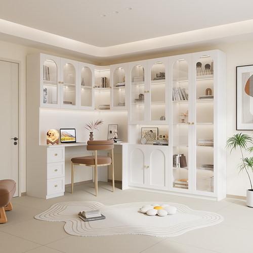 实木转角书桌书架组合一体台式桌