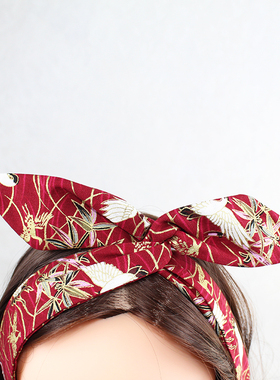 手工制作铝丝兔耳朵发带烫金印花棉麻发饰头巾发箍头饰