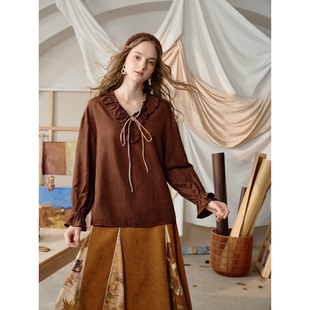 两三事梵高文艺臆想画室荷叶边v领绑带长袖衬衫