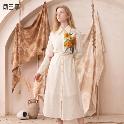两三事梵高文艺 花间静语 2026秋季新款刺绣翻领印花衬衫裙连衣裙