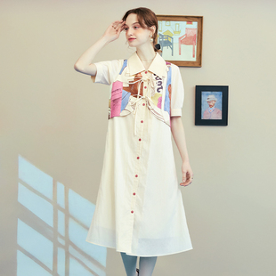 两三事晨昏画意复古印花布拼接假两件连衣裙长裙150