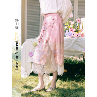 两三事梵高文艺樱雨初霁新中式盘扣蕾丝半身裙