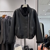 两面穿黑色皮毛一体外套短款 斜拉链2025时尚 加厚颗粒羊羔毛27117