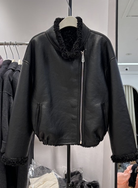 两面穿黑色皮毛一体外套短款斜拉链2025时尚加厚颗粒羊羔毛27117