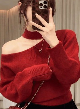 正版韩系复古挂脖斜领露肩兔毛针织衫秋冬加厚软糯短款毛衣90673