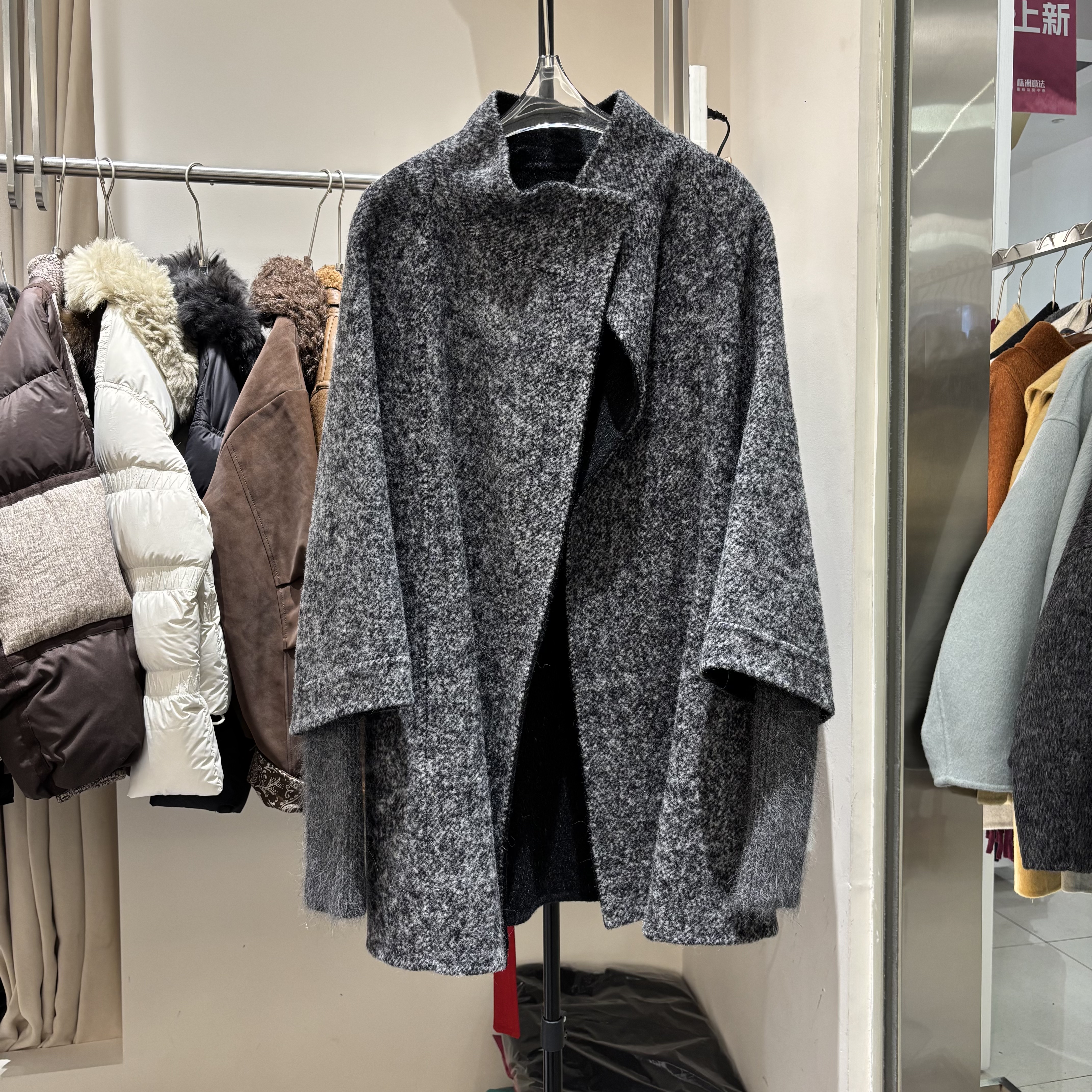 25年韩版秋冬新款双面羊绒大衣中长款针织袖修身高级立领毛呢外套