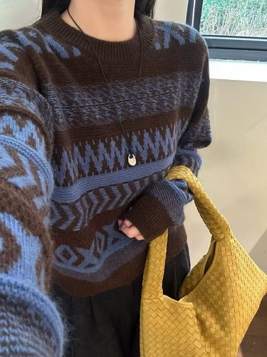 2025秋冬新款羊毛圆领针织衫女宽松显瘦百搭长袖毛衣打底上衣