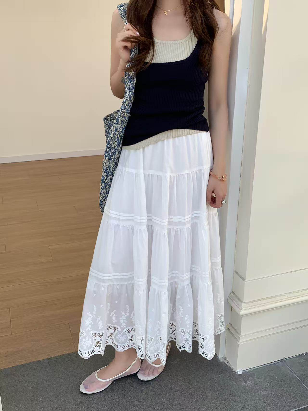 2026夏新款白色半身裙女A字大摆裙中长款蛋糕裙蕾丝花边蓬蓬伞裙