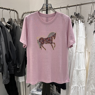 欧货圆领小马图案立体流苏工艺短袖T恤女2026夏新休闲个性