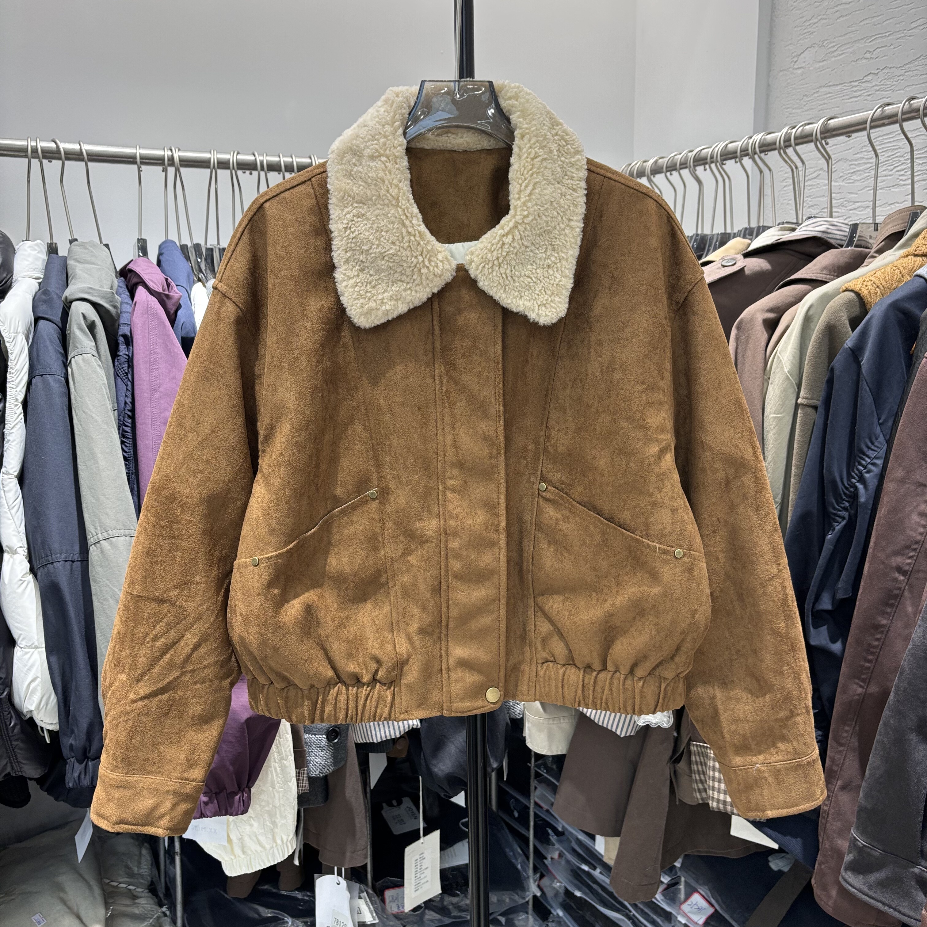 韩系翻领麂皮绒羽绒服短款外套女25秋冬新款宽松休闲夹克上衣潮