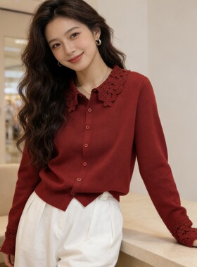 通勤风翻领钩花针织开衫女春季新款修身显瘦毛衣外套上衣潮070005