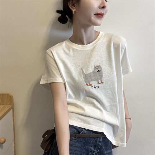 休闲卡通猫咪短袖T恤女2026夏季新款宽松圆领百搭白色打底衫上衣