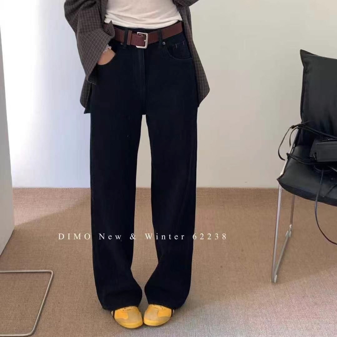 2025冬季时尚百搭高腰显瘦直筒牛仔裤女韩系正品植绒阔腿裤62238