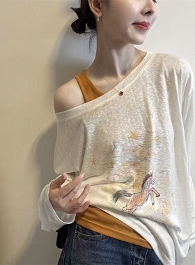 卡通印花长袖T恤吊带背心两件套女2026夏季新款宽松防晒上衣32166