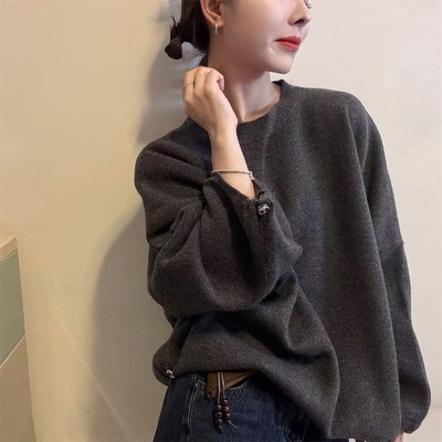慵懒风圆领长袖针织打底衫女冬季后背蝴蝶结毛衣减龄百搭上衣4551