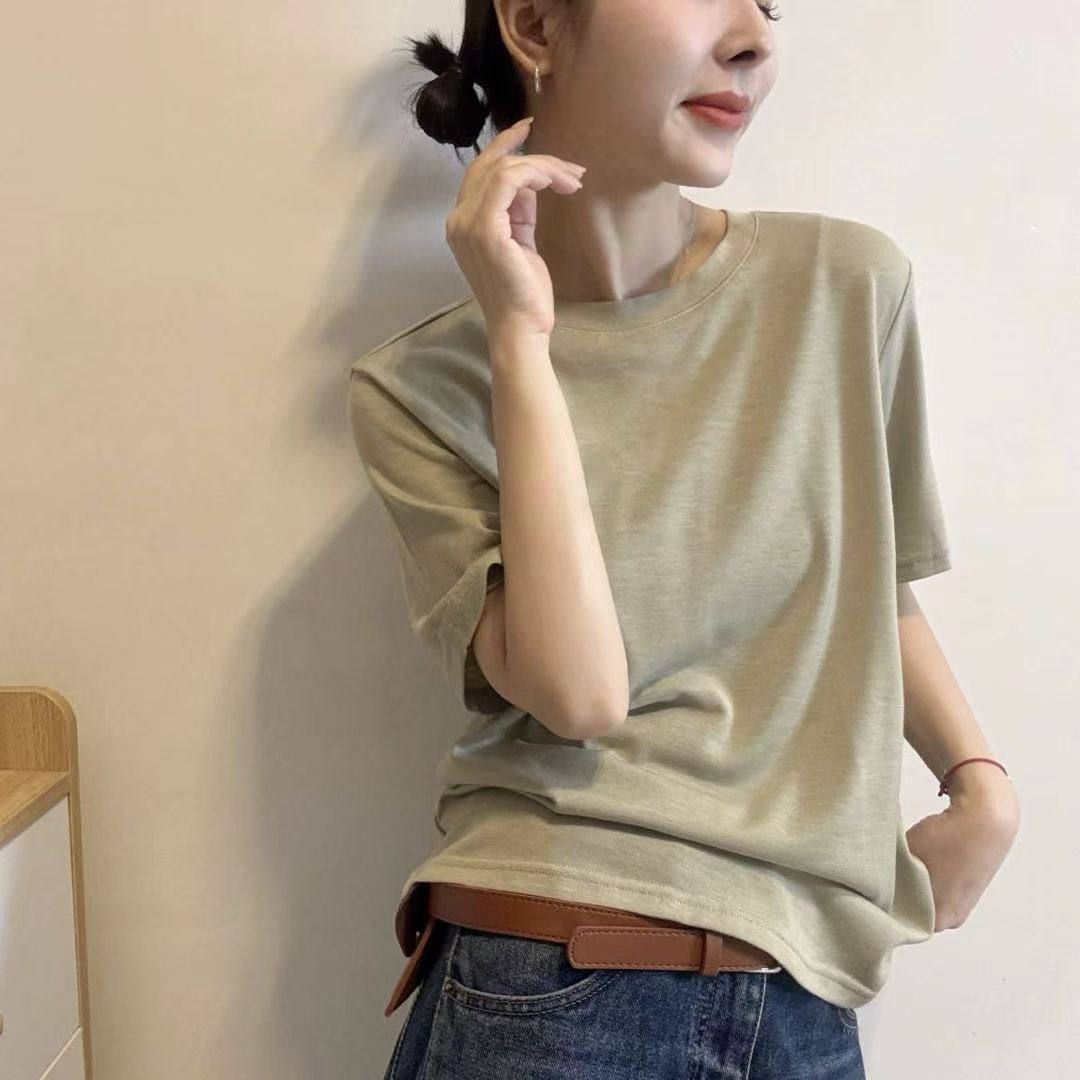 软糯棉麻短袖T恤女2026早秋新款圆领宽松百搭上衣休闲针织衫88065