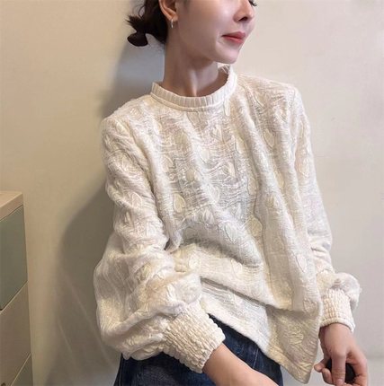 法式温柔风蕾丝针织衫女冬季款圆领长袖打底衫重工花纹上衣31215
