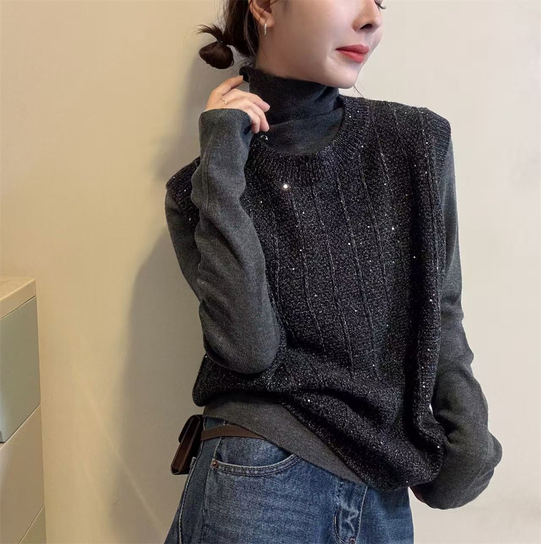 欧洲站正品高级感亮片高领针织衫女冬季新款显瘦叠穿打底衫毛衣潮