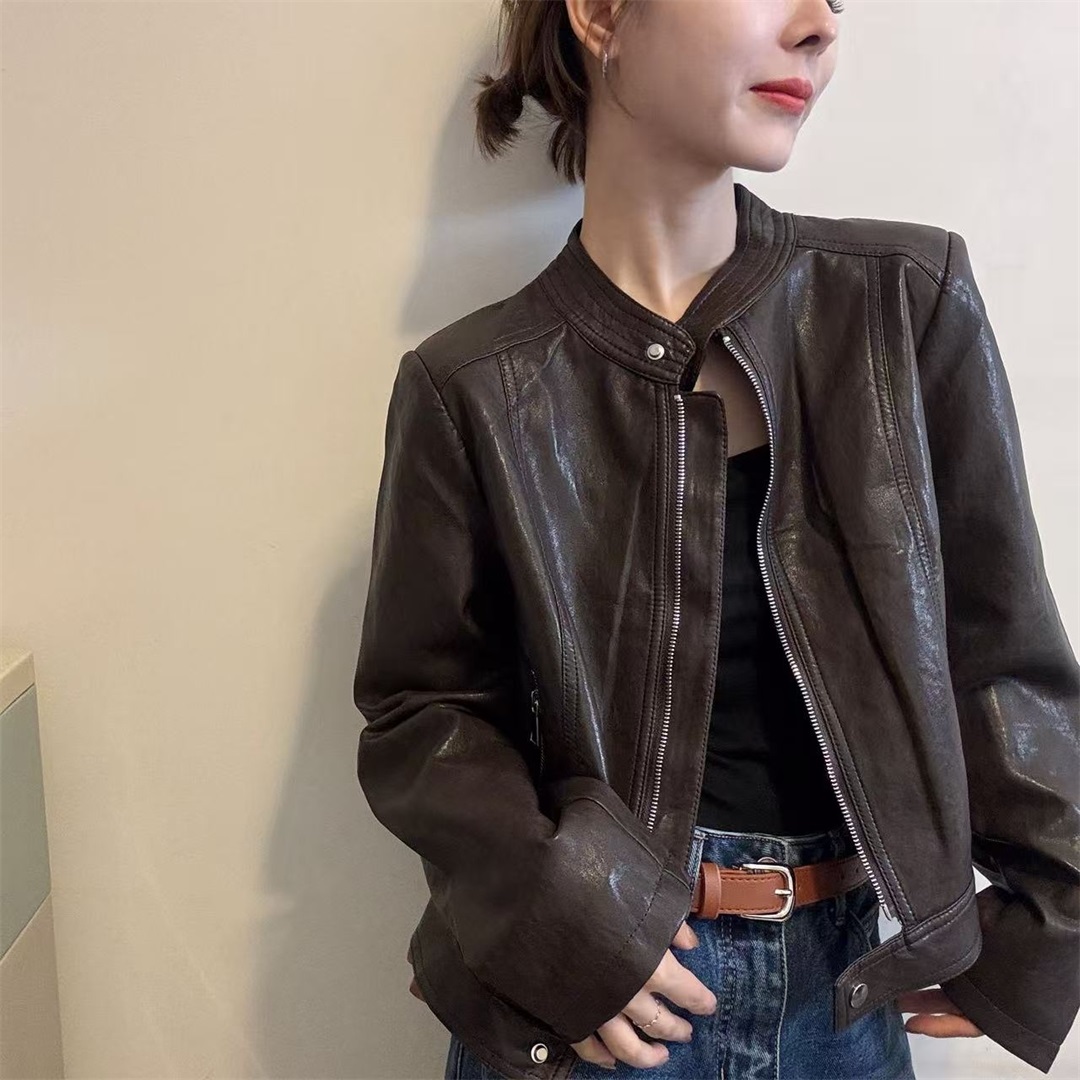 2025早秋款时尚百搭立领高级长袖皮衣女欧洲站正品显瘦机车服外套