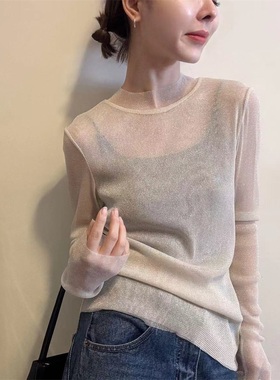 简约风半高领网纱针织衫女春季新款长袖百搭高级感打底衫潮31251