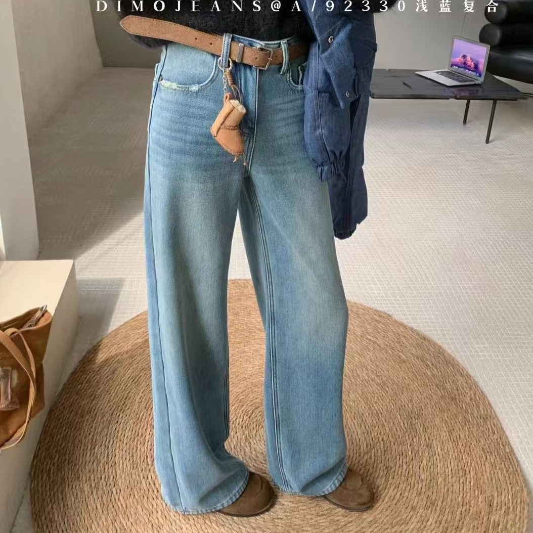 韩系正品植绒复古高腰直筒牛仔裤女冬季新款显瘦百搭长裤潮92330