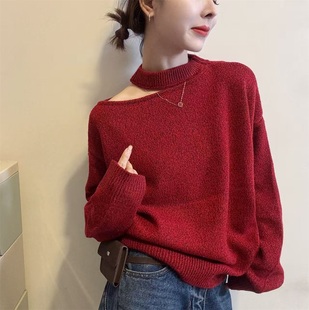 宽松打底衫 新款 时髦小姨风毛衣潮999 女冬季 设计感挂脖镂空针织衫