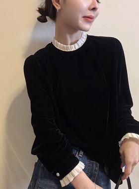 冬季款木耳花边拼纽扣长袖边丝绒上衣女休闲风名媛气质小衫31216