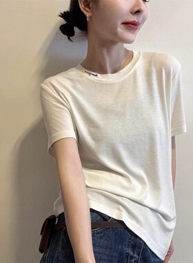 韩版圆领拼刺绣短袖T恤女2026春夏新款上衣舒适柔软打底衫潮31719