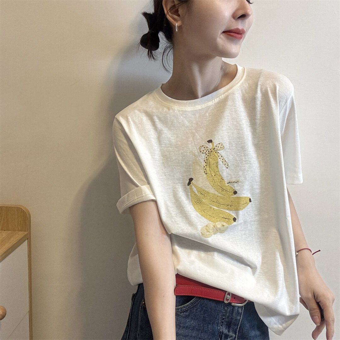 韩版香蕉印花高级感短袖T恤女2026夏季新款圆领宽松百搭显瘦上衣
