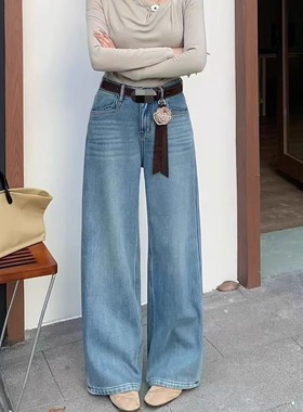 2025春季时尚百搭高腰显瘦直筒阔腿牛仔裤女韩系正品植绒长裤9812