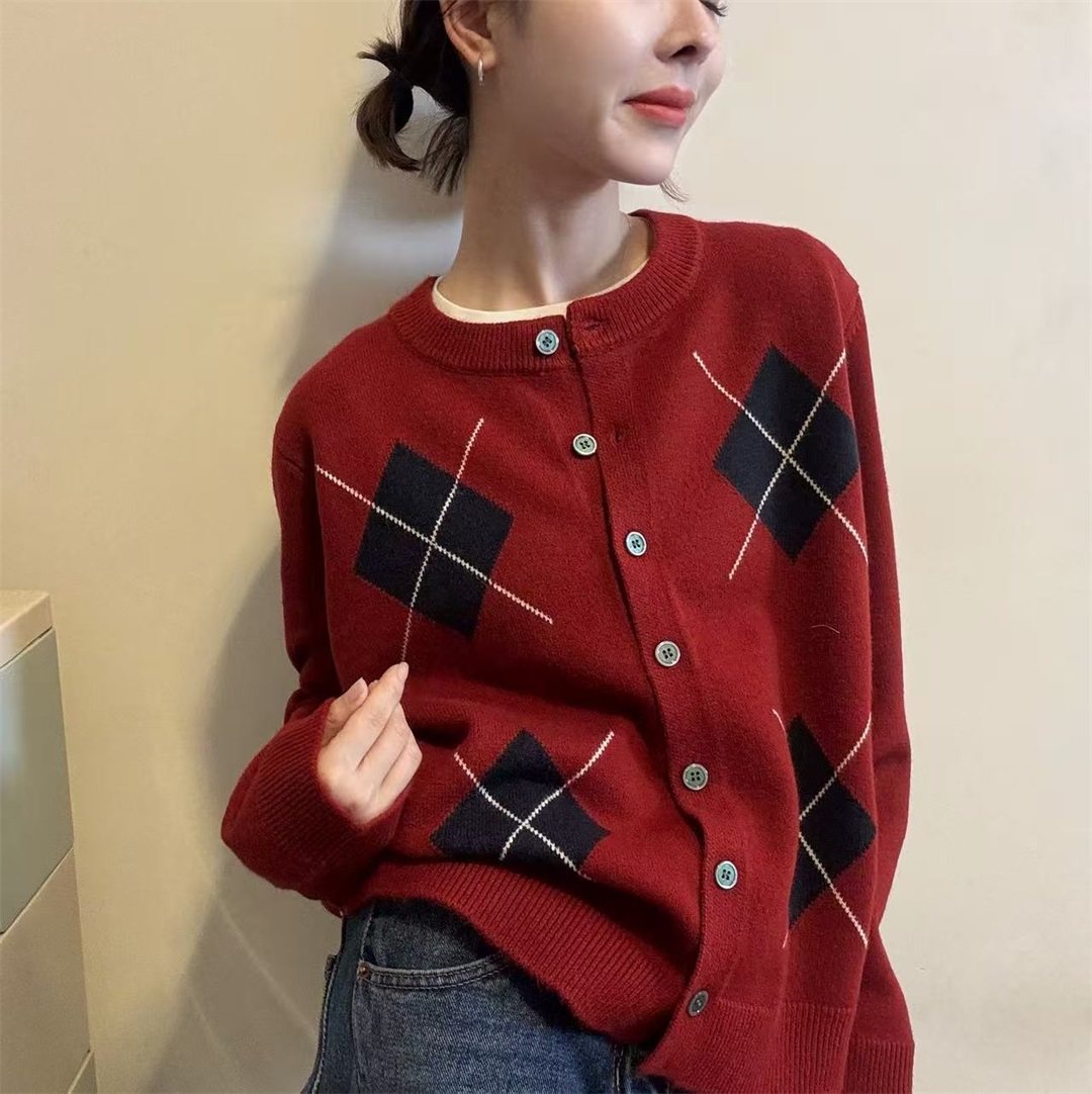 韩版复古菱格高级感针织开衫女春季新款圆领显瘦单排扣毛衣外套潮,女装/女士精品,毛针织衫,淘宝优惠券,粉丝福利购,淘宝优惠卷